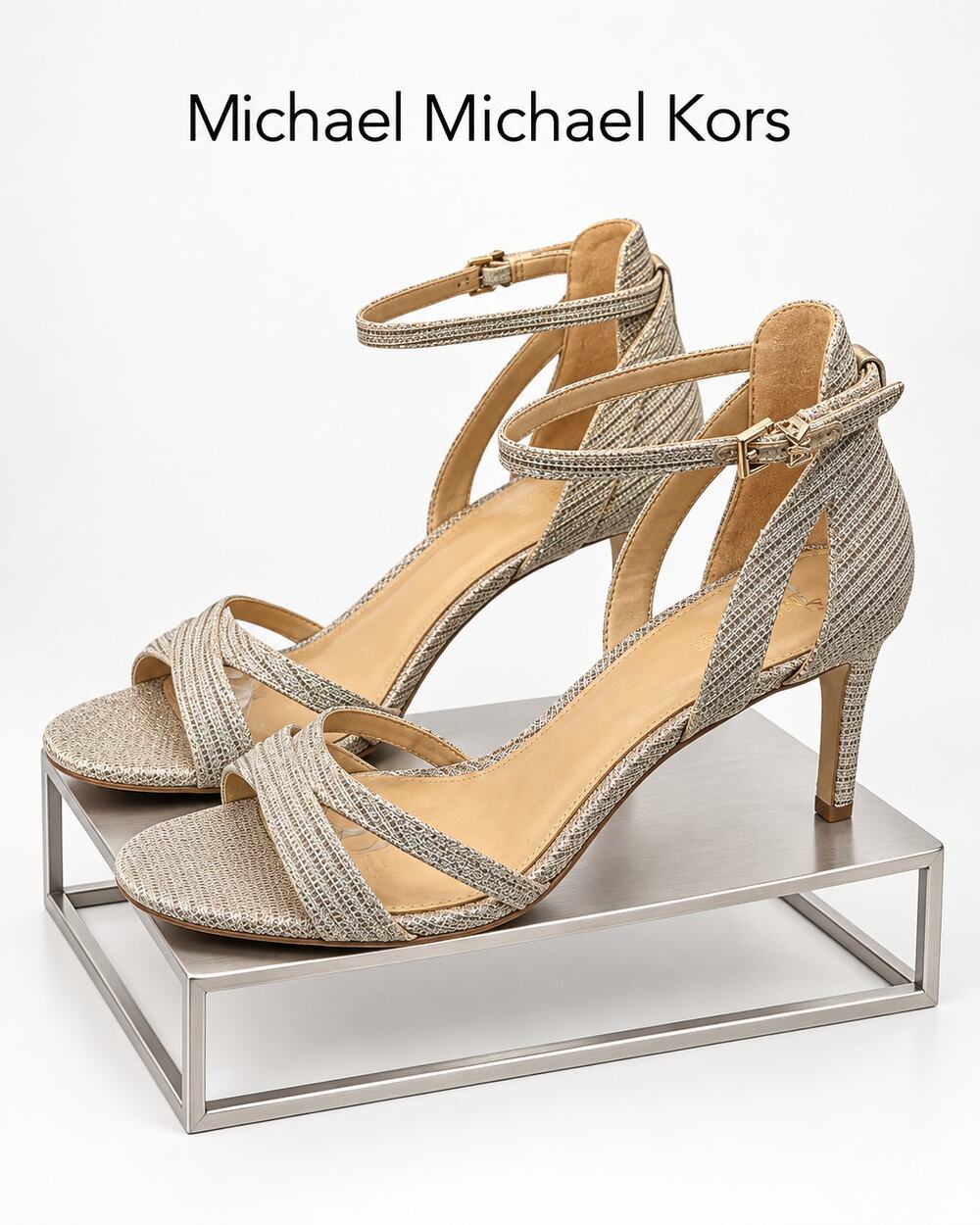 MICHAEL Michael Kors Ava Glitter Mesh Silver Sand Heels Size 9M